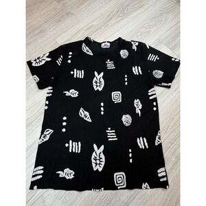 Vintage 90s Superline Black White Graphic Aztec Fish Print Textured T Shirt Sz M